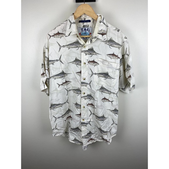 Tag & Brag All Over Print AOP Sword Fish Button Up Tee Shirt - L - Picture 2 of 12
